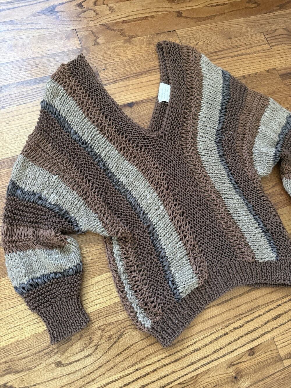 Vintage Made in Italy Open Knit Striped Oversized V-Neck Sweater / Size M